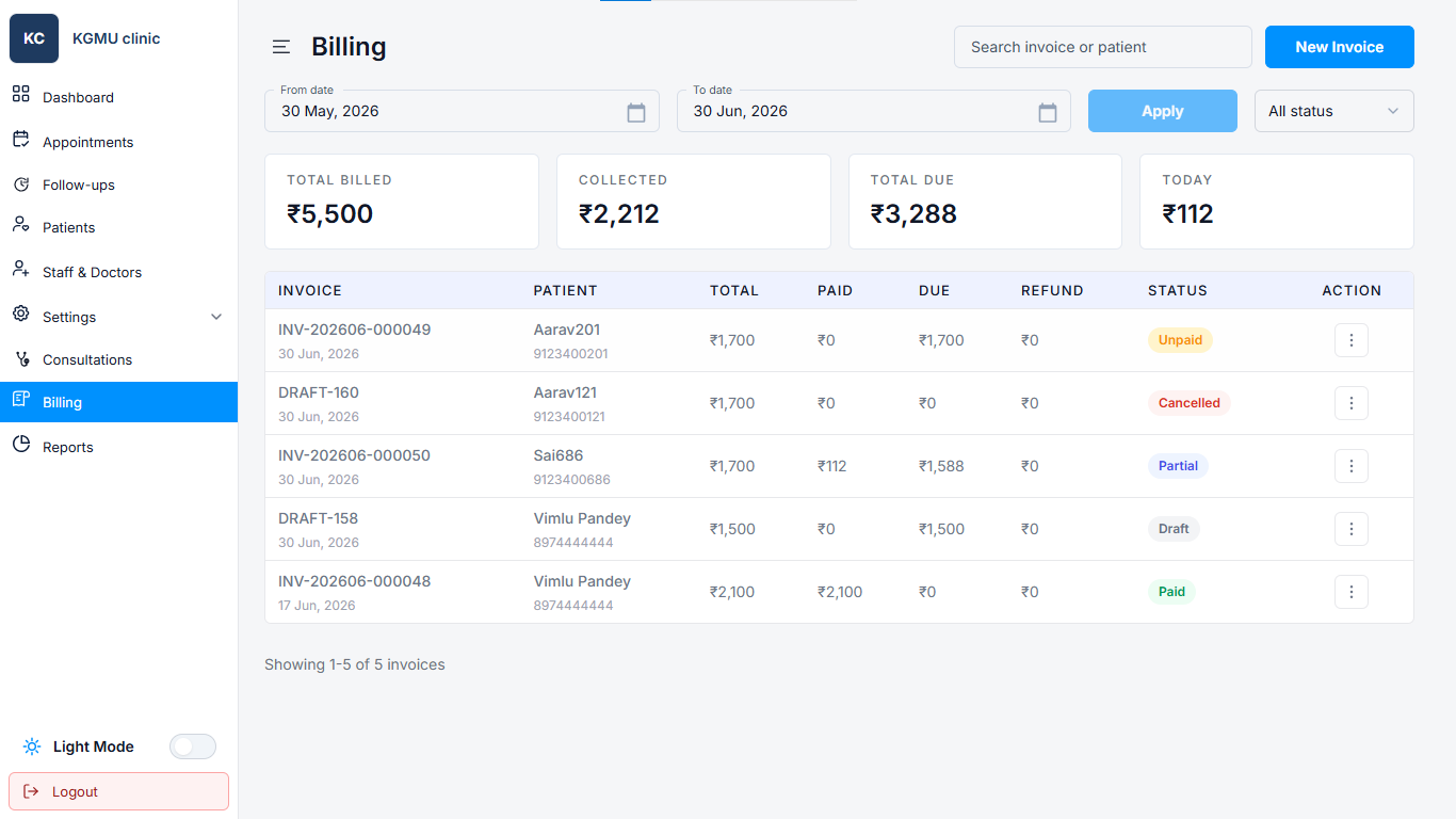 Billing & Invoicing in iPulse clinic software