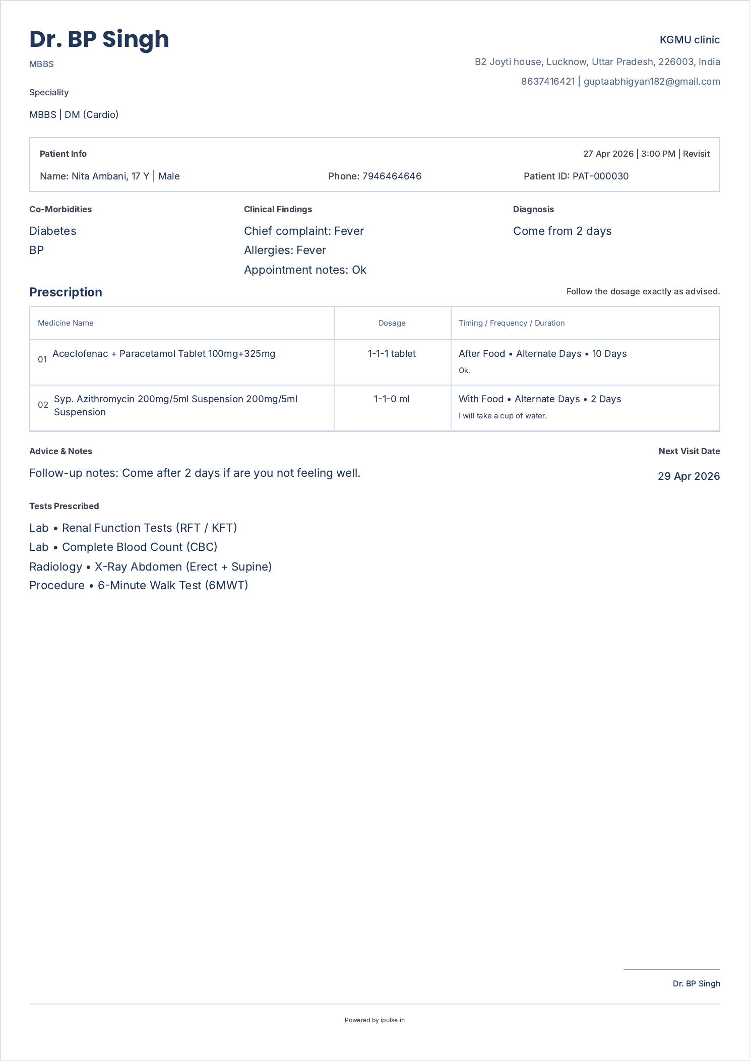 E-Prescription in iPulse clinic software